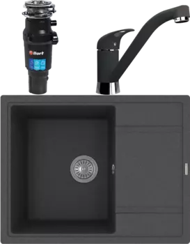 Комплект Мойка кухонная Florentina Липси 650 черная + Смеситель Гамма FL черный + Измельчитель Bort Titan 7000 MSI-681659