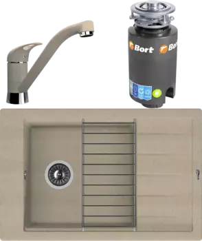 Комплект Мойка кухонная Florentina Липси 780Р песочный + Смеситель Гамма FL песочный + Измельчитель Bort Titan 4000 MSI-682104