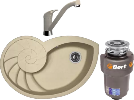 Комплект Мойка кухонная Florentina Наутилус бежевая + Смеситель Гамма FL бежевый + Измельчитель Bort Titan Max Power FullControl MSI-682220