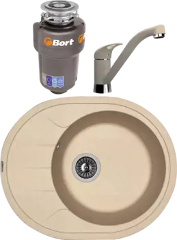 Комплект Мойка кухонная Florentina Родос 620 песочный + Смеситель Гамма FL песочный + Измельчитель Bort Titan 5000 MSI-683149