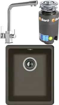 Комплект Мойка кухонная Florentina Вега 300 антрацит + Смеситель MEGA Life MG-TK06 хром + Измельчитель Bort Titan 4000 MSI-680613