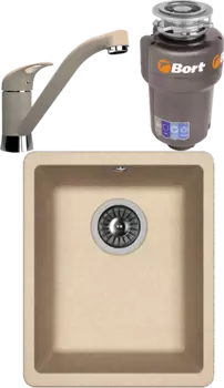 Комплект Мойка кухонная Florentina Вега 300 песочный + Смеситель Гамма FL песочный + Измельчитель Bort Titan Max Power FullControl MSI-680620