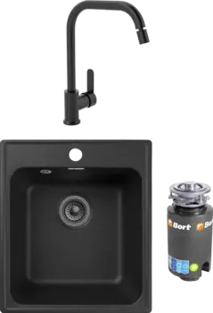 Комплект Мойка кухонная GranFest Quarz Z17 черный + Смеситель MEGA City MG- ZRV104-B черный + Измельчитель Bort Titan 4000 MSI-683127