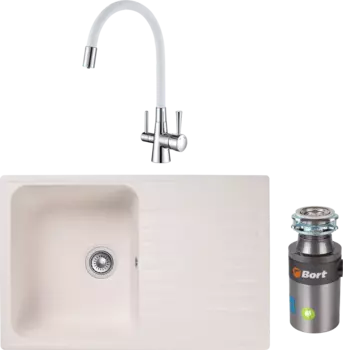 Комплект Мойка кухонная GranFest Quarz Z78 белый + Смеситель Lemark Comfort LM3075C-White с гибким изливом, хром, белый + Измельчитель Bort Titan 4000 Control MSI-683129