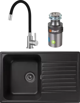 Комплект Мойка кухонная GranFest Quarz Z78 черный + Смеситель ESKO Snake K44 B хром, черный, с гибким изливом + Измельчитель Bort Titan 4000 Plus MSI-683130