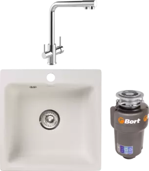 Комплект Мойка кухонная GranFest Smart SM 430 белый + Смеситель MEGA Life MG-TK05 хром + Измельчитель Bort Titan 5000 MSI-683131