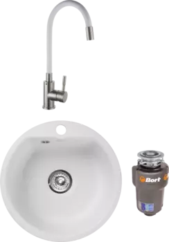 Комплект Мойка кухонная GranFest Smart SM 435 белый + Смеситель РМС Sus124w SUS124W-016F белый, сталь + Измельчитель Bort Titan Max Power FullControl MSI-683494