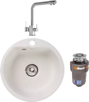 Комплект Мойка кухонная GranFest Smart SM 435 белый + Смеситель MEGA Life MG-TK06 хром + Измельчитель Bort Titan Max Power MSI-683490