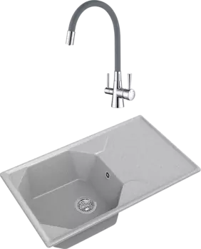 Комплект Мойка кухонная GranFest Unique U-840L серая + Смеситель Lemark Comfort LM3075C-Gray с гибким изливом, хром, серый
