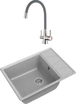 Комплект Мойка кухонная GranFest Vertex GF-V-680L серая + Смеситель Lemark Comfort LM3075BN с гибким изливом, никель, серый