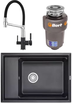 Комплект Мойка кухонная Granula Kitchen Space + Смеситель GR-0083 GR-0083 шварц с гибким изливом + Измельчитель Bort Titan Max Power MSI-677674