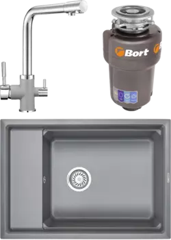 Комплект Мойка кухонная Granula Kitchen Space + Смеситель GR-3015 алюминиум + Измельчитель Bort Titan 5000 Control MSI-677617