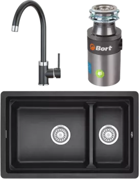 Комплект Мойка кухонная Granula Kitchen Space + Смеситель GR-2125 черный + Измельчитель Bort Titan 4000 Plus MSI-677613