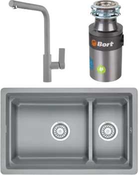 Комплект Мойка кухонная Granula Kitchen Space + Смеситель GR-2502 алюминиум + Измельчитель Bort Titan 4000 Control MSI-677610