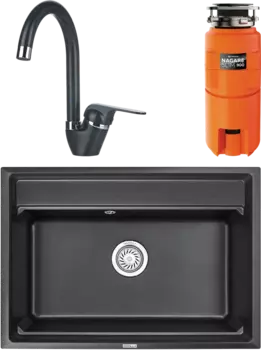 Комплект Мойка кухонная Granula Kitchen Space + Смеситель GR-1024 черный + Измельчитель Omoikiri Nagare slim 900 MSI-677576