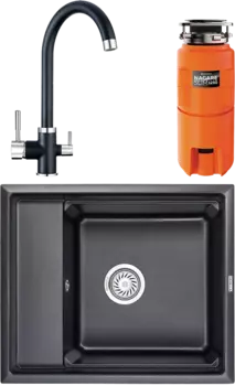 Комплект Мойка кухонная Granula Kitchen Space + Смеситель GR-2168 шварц + Измельчитель Omoikiri Nagare slim 1250 MSI-677573