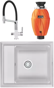 Комплект Мойка кухонная Granula Kitchen Space + Смеситель GR-0075 арктик, с гибким изливом + Измельчитель Omoikiri Nagare 1000 MSI-677567