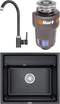Комплект Мойка кухонная Granula Kitchen Space + Смеситель GR-2125 шварц + Измельчитель Bort Titan Max Power MSI-677556