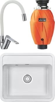 Комплект Мойка кухонная Granula Standart + Смеситель РМС SL137W 016F хром, белый, с гибким изливом + Измельчитель Omoikiri Nagare 1000 MSI-677719
