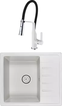 Комплект Мойка кухонная Granula Standart ST-5803 белая + Смеситель Clever Chef 99733 белый, с гибким изливом