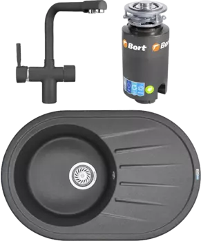 Комплект Мойка кухонная Granula Standart ST-7601 графит + Смеситель GR-2088 графит + Измельчитель Bort Titan 4000 MSI-677738