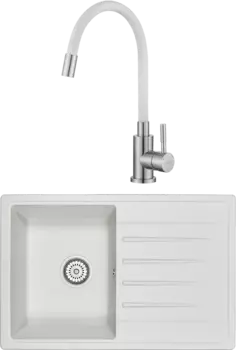 Комплект Мойка кухонная Granula Standart ST-7602 белая + Смеситель для кухни ESKO Snake K44 W, хром, белый, с гибким изливом