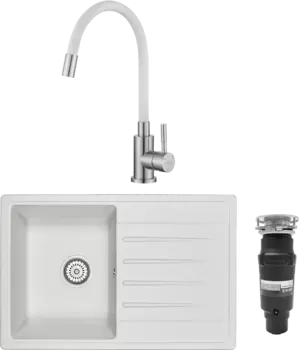 Комплект Мойка кухонная Granula Standart ST-7602 белая + Смеситель ESKO Snake K44 W хром, белый, с гибким изливом + Измельчитель Bone Crusher BC 910-SL-Slim Line MSI-683505