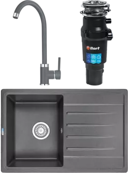 Комплект Мойка кухонная Granula Standart ST-7602 графит + Смеситель GR-2125 графит + Измельчитель Bort Titan 7000 MSI-677756