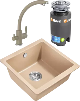 Комплект Мойка кухонная Milacio Leon Cuarzo 45 MC.77094 бежевая + Смеситель Domaci Солерно UQ-017-03 десерт + Измельчитель Bort Titan 4000 MSI-678450