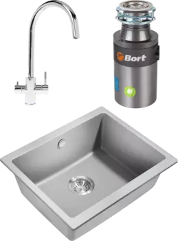 Комплект Мойка кухонная Milacio Leon Cuarzo 55 MC.77083 серый металлик + Смеситель Domaci Равенна OL-02Sx + Измельчитель Bort Titan 4000 Plus MSI-678452