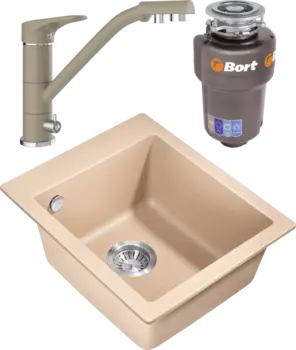 Комплект Мойка кухонная Milacio Murcia Cuarzo 42 MC.77044 бежевая + Смеситель Domaci Солерно UQ-010-03 десерт + Измельчитель Bort Titan Max Power FullControl MSI-678548