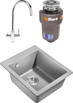 Комплект Мойка кухонная Milacio Murcia Cuarzo 42 MC.77043 серый металлик + Смеситель Domaci Равенна OL-02Sx + Измельчитель Bort Titan Max Power MSI-678541