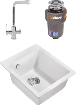 Комплект Мойка кухонная Milacio Murcia Cuarzo 42 MC.77042 белая + Смеситель Domaci Равенна TR-01cr + Измельчитель Bort Titan 5000 Control MSI-678503