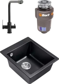 Комплект Мойка кухонная Milacio Murcia Cuarzo 42 MC.77041 черная матовая + Смеситель Domaci Равенна TR-01b + Измельчитель Bort Titan 5000 MSI-678501