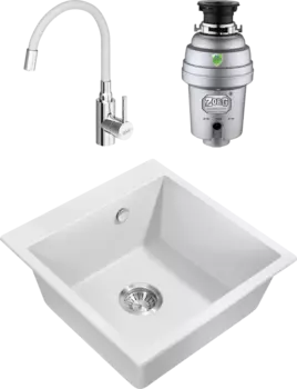 Комплект Мойка кухонная Milacio Murcia Cuarzo 51 MC.77022 белая + Смеситель Dorff Logic D3007633 хром, белый, с гибким изливом + Измельчитель Zorg Inox D MSI-678552