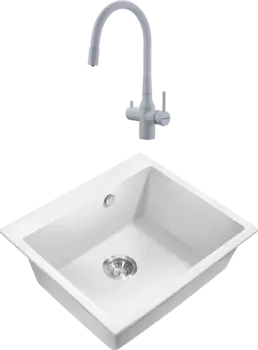 Комплект Мойка кухонная Milacio Murcia Cuarzo 60 MC.77012 белая + Смеситель Paulmark Salix 213419-431 белый матовый, белый, с гибким изливом