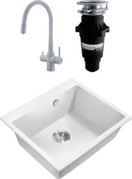 Комплект Мойка кухонная Milacio Murcia Cuarzo 60 MC.77012 белая + Смеситель Paulmark Salix 213419-431 белый матовый, белый, с гибким изливом + Измельчитель Bone Crusher BC 810-SL Slim Line MSI-678597