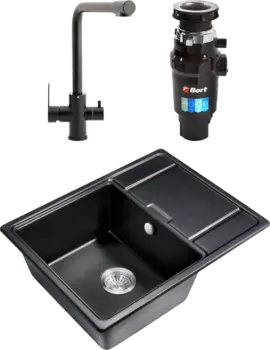 Комплект Мойка кухонная Milacio Navarra Cuarzo 65 MC.77061 черная матовая + Смеситель Domaci Равенна TR-01b + Измельчитель Bort Master Eco MSI-678678