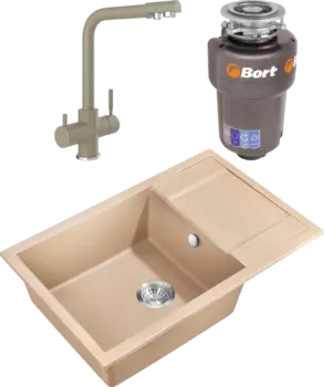 Комплект Мойка кухонная Milacio Navarra Cuarzo 78 MC.77054 бежевая + Смеситель Domaci Солерно UQ-016-03 десерт + Измельчитель Bort Titan 5000 MSI-678762