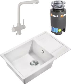Комплект Мойка кухонная Milacio Navarra Cuarzo 78 MC.77052 белая + Смеситель Domaci Солерно UQ-016-01 жасмин + Измельчитель Bort Titan 4000 MSI-678680