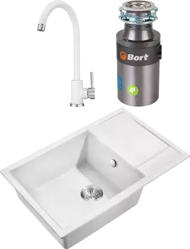 Комплект Мойка кухонная Milacio Navarra Cuarzo 78 MC.77052 белая + Смеситель Granula ST-4031 ST-4031 белый + Измельчитель Bort Titan 4000 Control MSI-678685