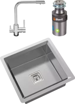 Комплект Мойка кухонная Oulin OL-FU114 + Смеситель OL-8073 + Измельчитель Bort Titan 4000 Control