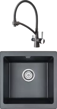 Комплект Мойка кухонная Paulmark Brilon PM104546-BLM черный металлик + Смеситель Potato P4077 P4077-19 графитно-черный