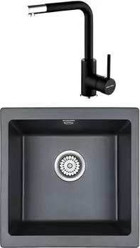 Комплект Мойка кухонная Paulmark Brilon PM104546-BLM черный металлик + Смеситель для кухни Paulmark Honner Ho212018-401TB антрацит