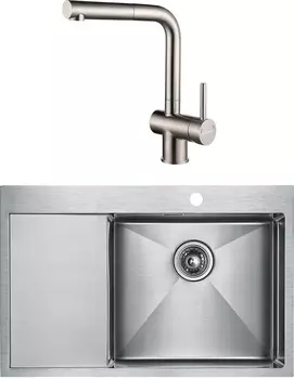 Комплект Мойка кухонная Paulmark Elde PM807851-BSR брашированная нержавеющая сталь + Смеситель для кухни Paulmark Dosse Do214418-SS