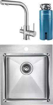 Комплект Мойка кухонная Paulmark Favore PM214551-BS брашированная нержавеющая сталь + Смеситель Essen 213011-СR хром + Измельчитель Intenso