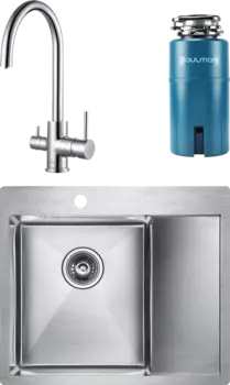 Комплект Мойка кухонная Paulmark Flank PM225951-BSL брашированная нержавеющая сталь L + Смеситель Essen Es213211-CR хром + Измельчитель Intenso