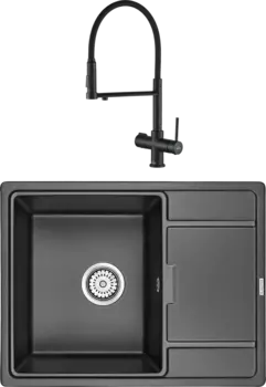 Комплект Мойка кухонная Paulmark Flugen 50-650 PM216550-BL черный + Смеситель Steel Hammer SH 2003 BLACK черный, с гибким изливом