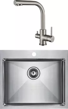 Комплект Мойка кухонная Paulmark Isar PM805951-BS брашированная нержавеющая сталь + Смеситель для кухни Paulmark Essen Es213011-NI никель