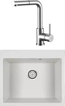 Комплект Мойка кухонная Paulmark Kante PM106052-WH белый + Смеситель для кухни Paulmark Kassel Ka214311-CR хром